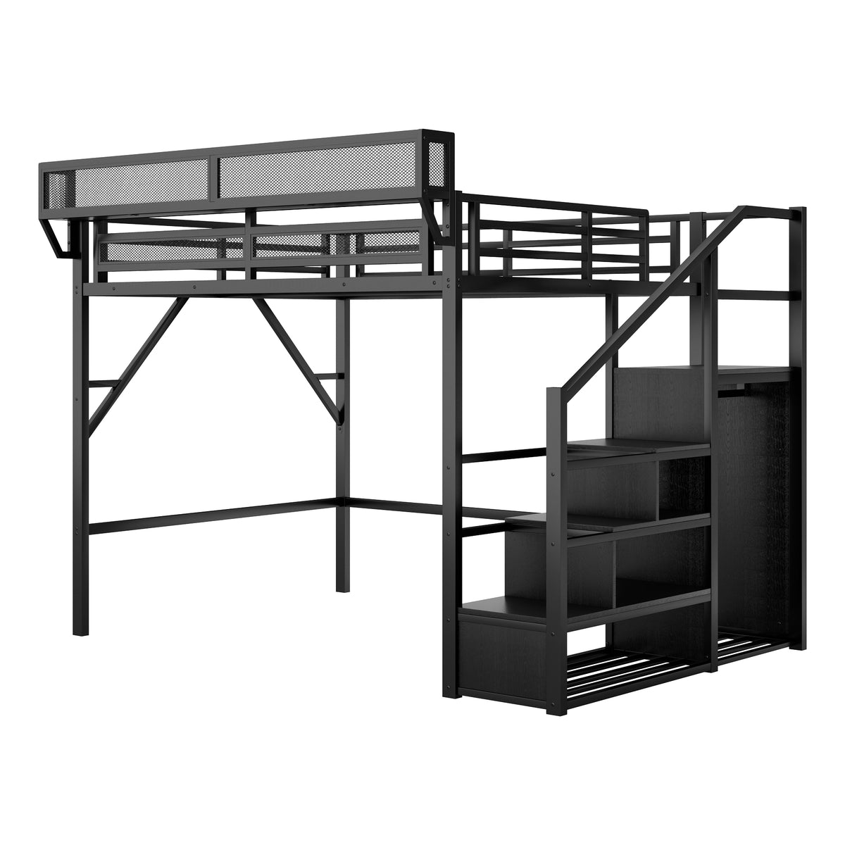 Fenra black loft bed showing an angled front view with storage stairs wardrobe and bedside shelf