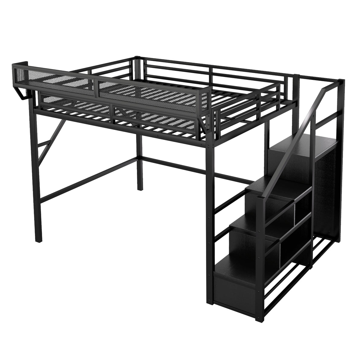 Fenra black loft bed showing a left angled view with storage stairs and open wardrobe