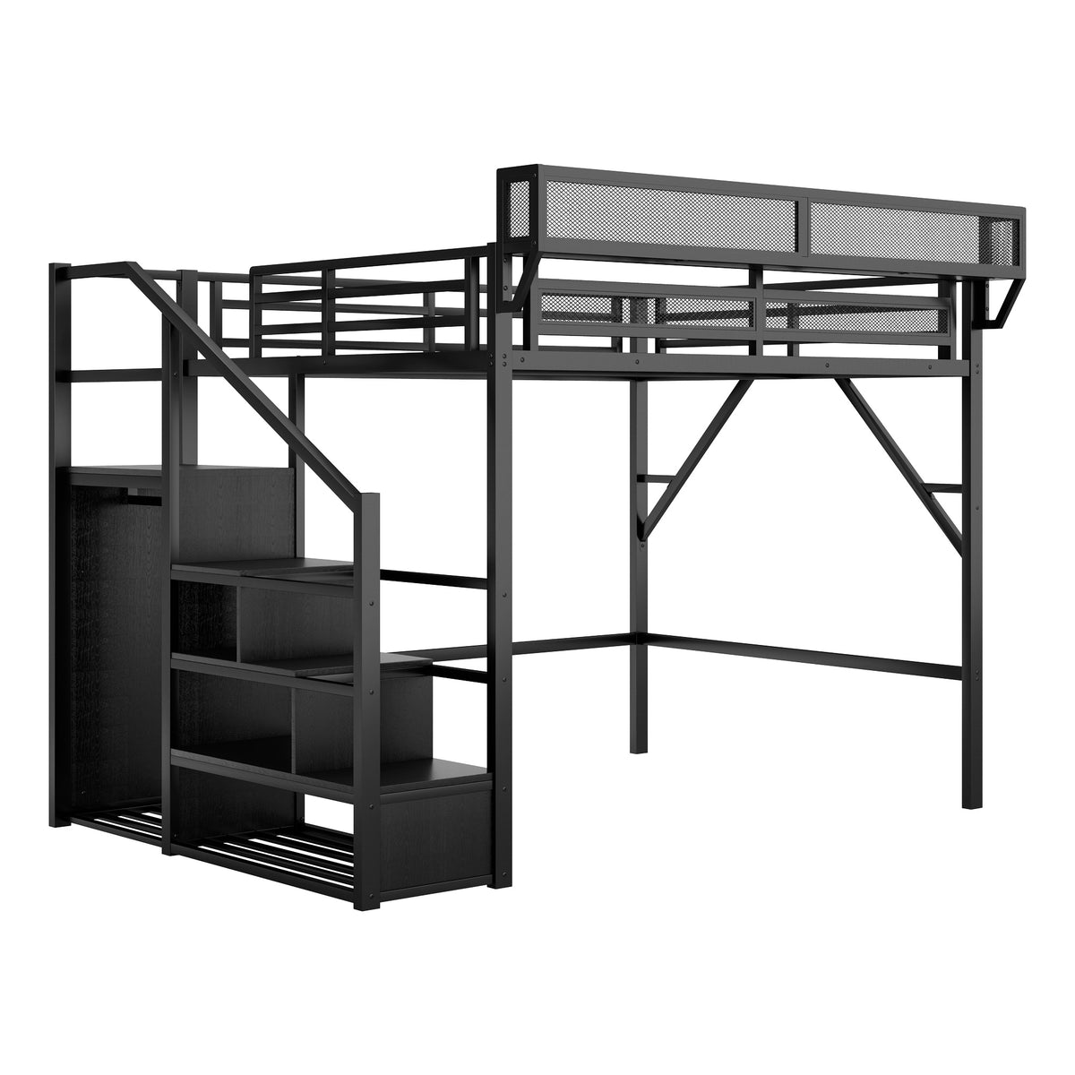 Fenra black loft bed showing a front view with loft frame wardrobe and staircase storage