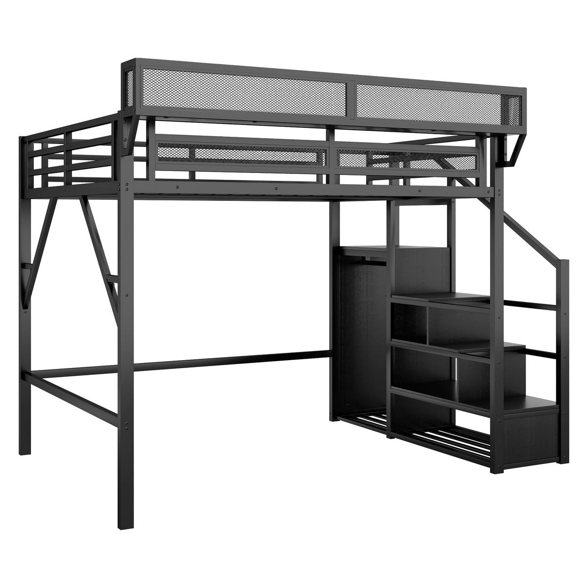 Fenra black loft bed showing a right angled view with underbed space and bedside shelf