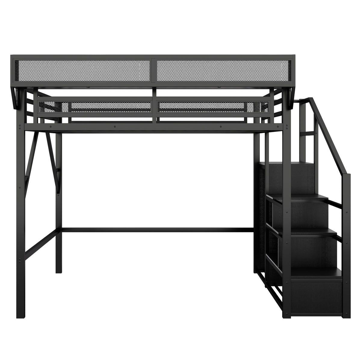 Fenra black loft bed showing a straight front view with wardrobe and storage stairs