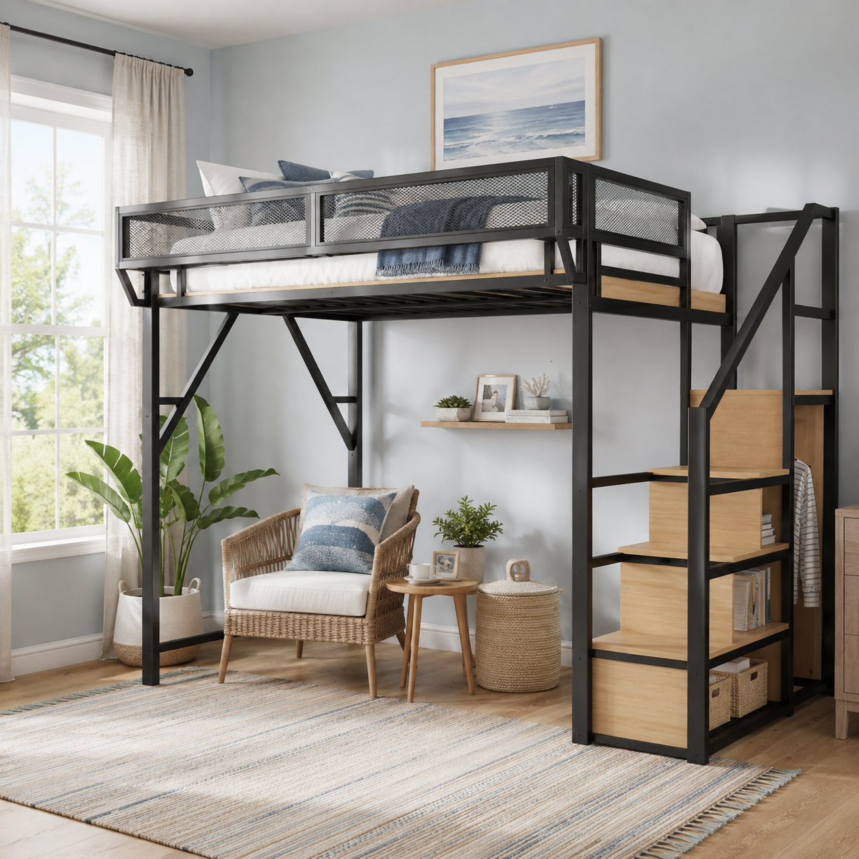Fenra natural loft bed showing a full size high loft bed with storage stairs wardrobe and bedside shelf in a cozy bedroom