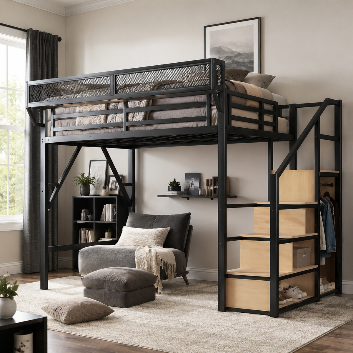 Fenra natural loft bed showing an angled room view with open wardrobe and underbed storage space