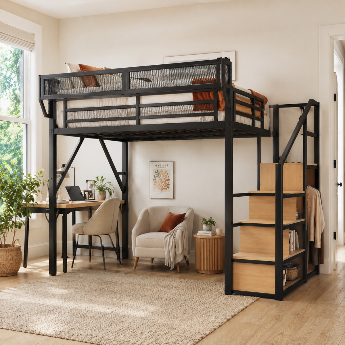 Fenra natural loft bed showing a bedroom setup with wardrobe storage stairs and bedside shelf