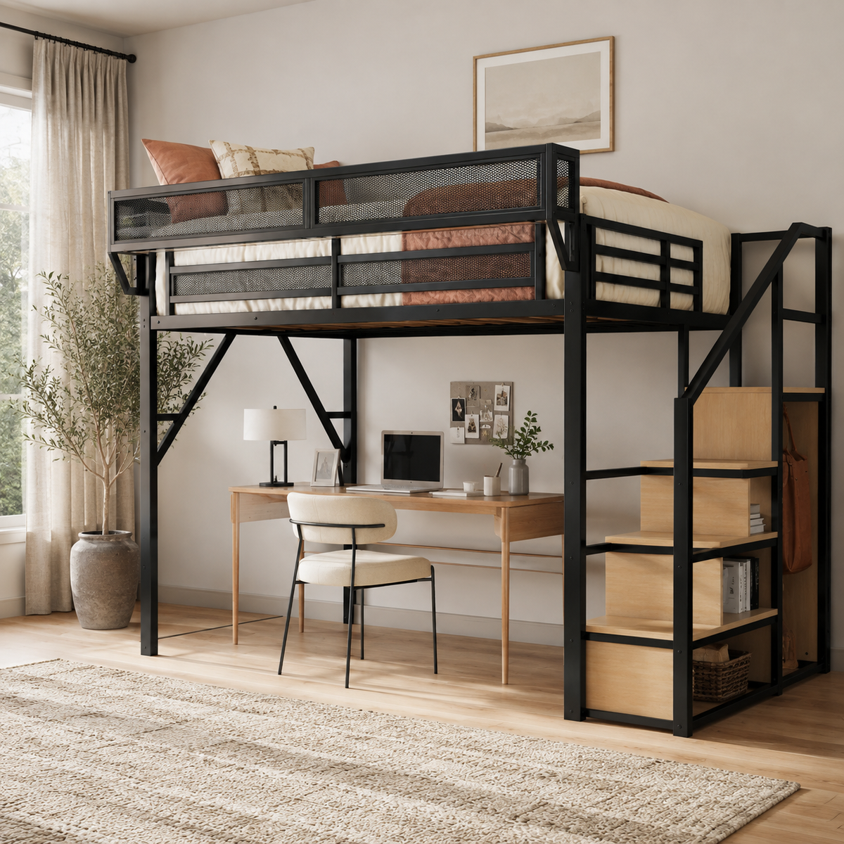 Fenra natural loft bed showing the loft bed with built-in storage stairs and open wardrobe in a bright room