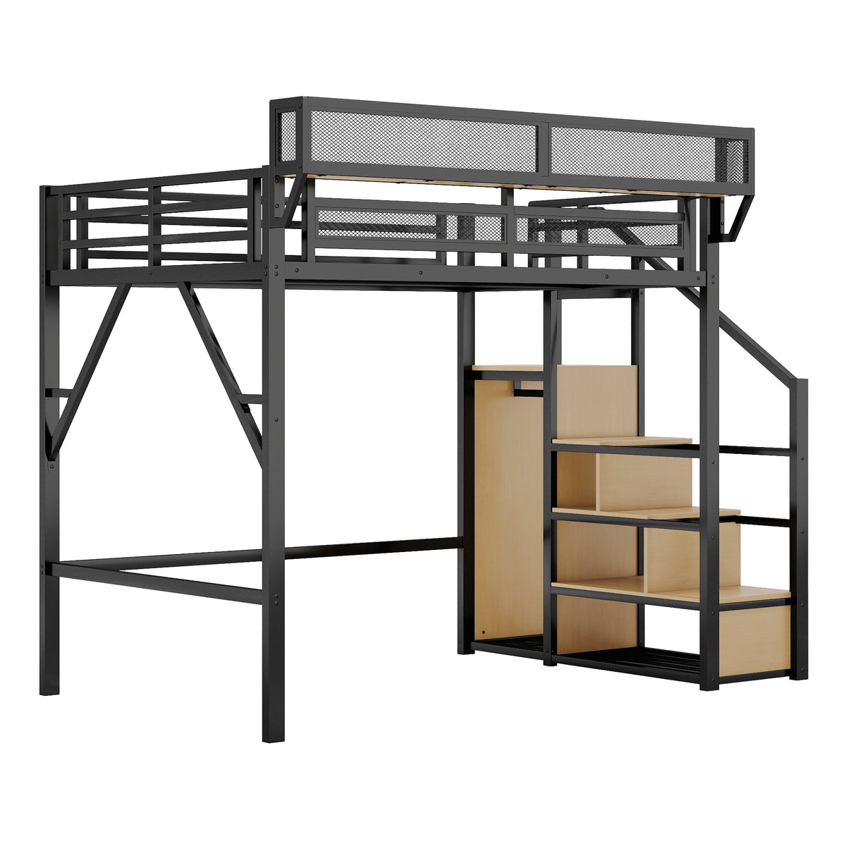 Fenra natural loft bed showing an angled front view with storage stairs wardrobe and bedside shelf