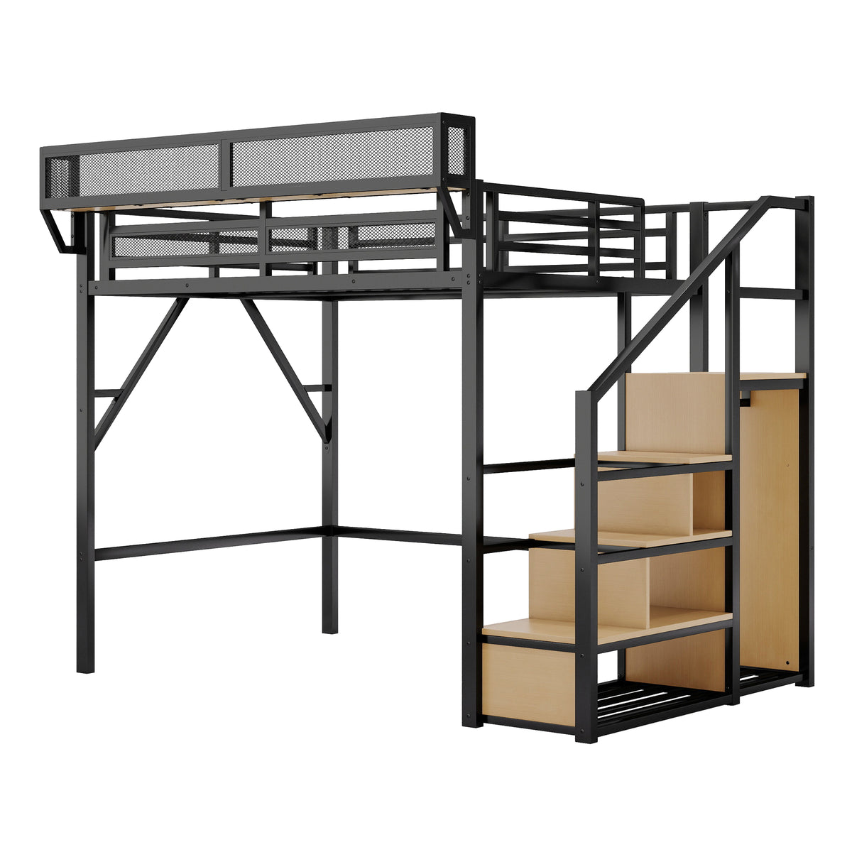 Fenra natural loft bed showing a left angled view with wardrobe shelves and staircase storage