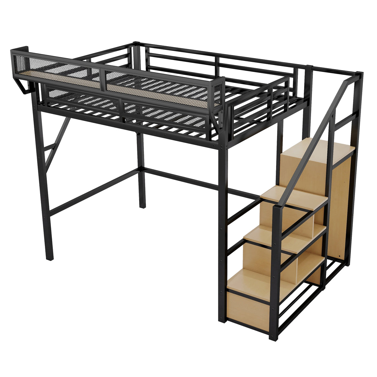Fenra natural loft bed showing a front view with loft frame and storage stairs