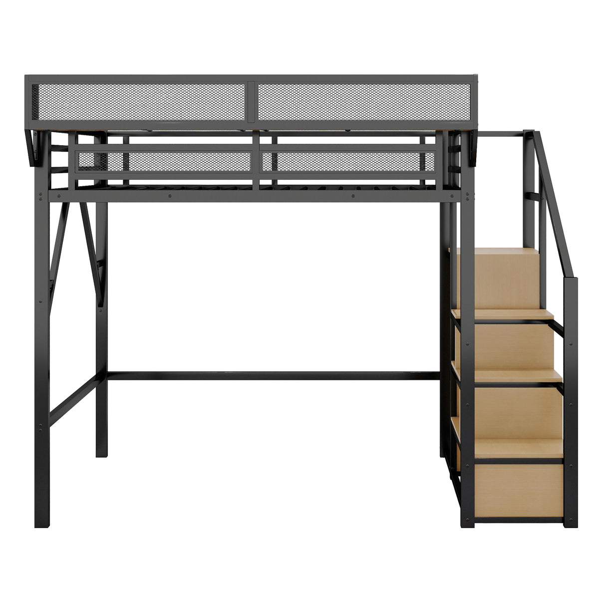Fenra natural loft bed showing a right angled view with bedside shelf and underbed space
