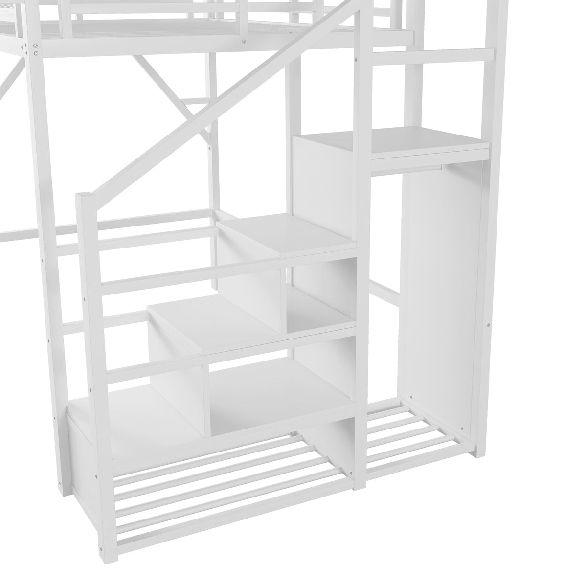 Fenra white full size metal loft bed close-up of the storage stairs with built-in shelving and lower storage compartment