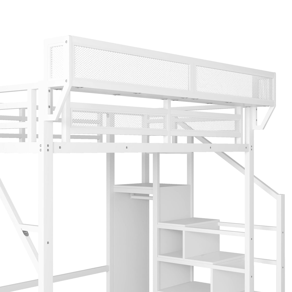 Fenra white full size metal loft bed close-up of the upper guardrails and bedside shelf