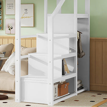 Fenra white full size metal loft bed close-up of the wardrobe with hanging space, shelves and lower storage