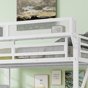 Fenra white full size metal loft bed close-up of the built-in bedside shelf along the upper guardrail