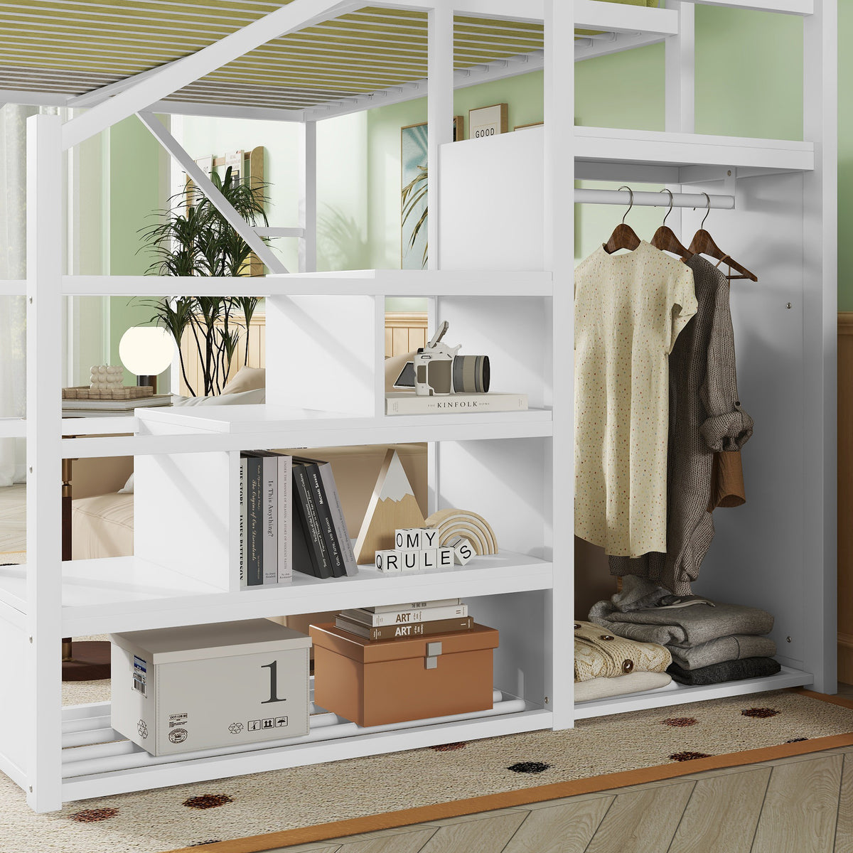 Fenra white full size metal loft bed close-up of the wardrobe with hanging space, shelves and lower storage