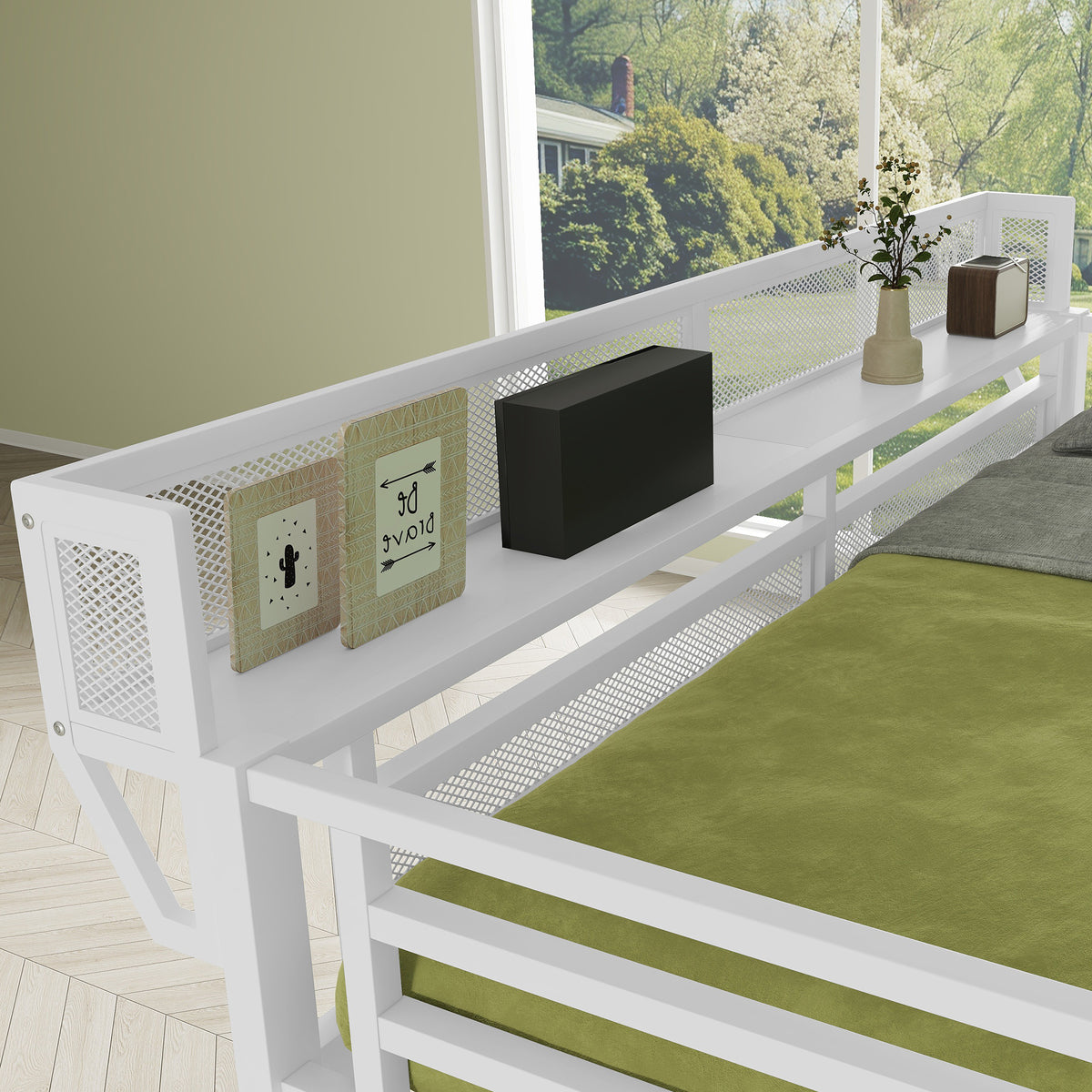 Fenra white full size metal loft bed close-up of the built-in bedside shelf along the upper shelf