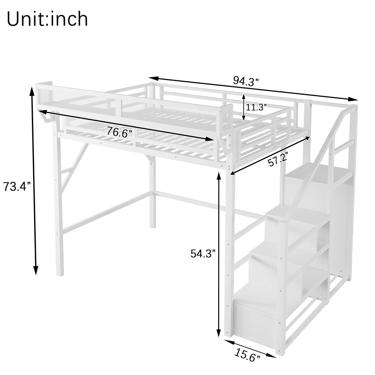 Fenra white full size high metal loft bed showing product dimensions with storage stairs, wardrobe and bedside shelf