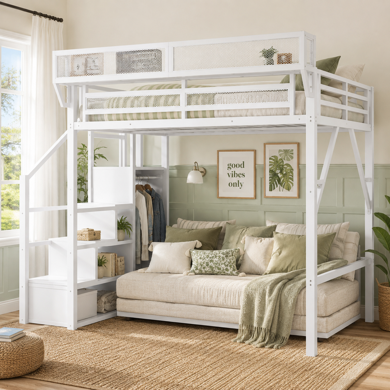 Fenra white loft bed showing a full size high loft bed with storage stairs wardrobe and bedside shelf in a bright bedroom