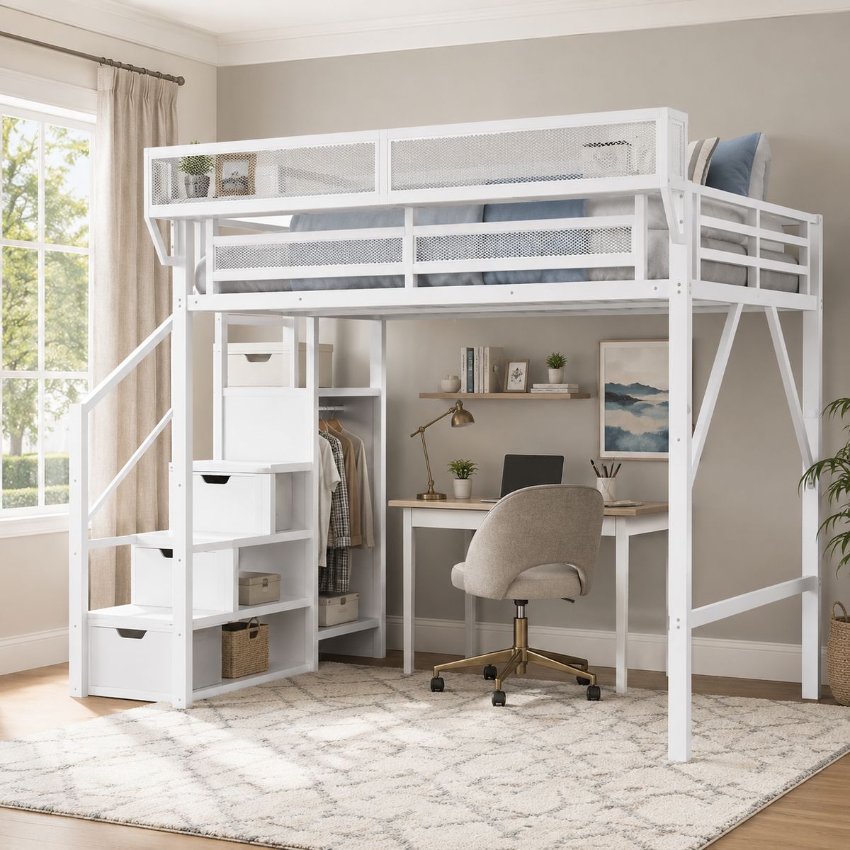 Fenra white loft bed showing a loft bed with underbed seating area wardrobe and staircase storage