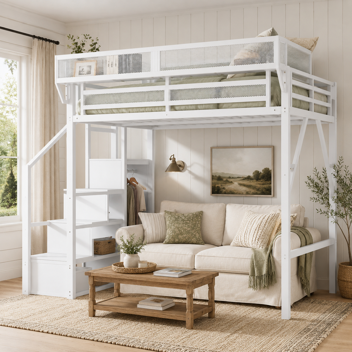 Fenra white loft bed showing a bedroom scene with open wardrobe and storage stairs beside the bed