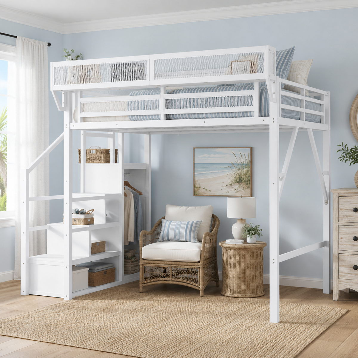 Fenra white loft bed showing an angled room view with wardrobe shelving and bedside shelf