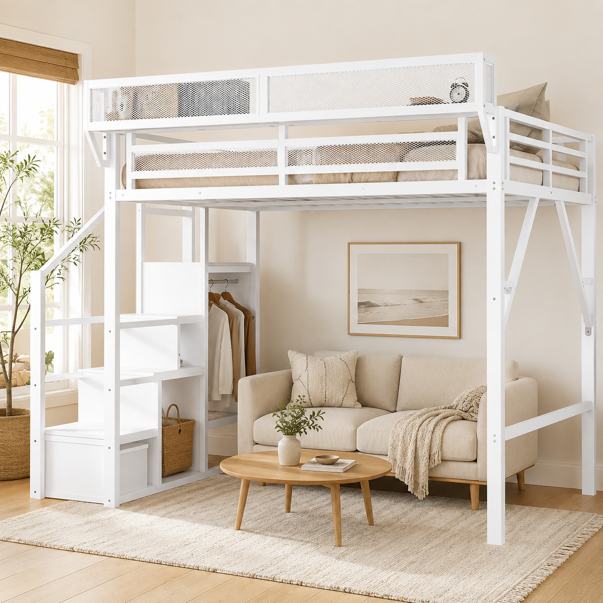 Fenra white loft bed showing a bright bedroom setup with loft frame storage stairs and wardrobe