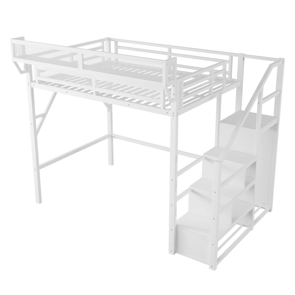 Fenra white loft bed showing an angled front view with storage stairs wardrobe and bedside shelf