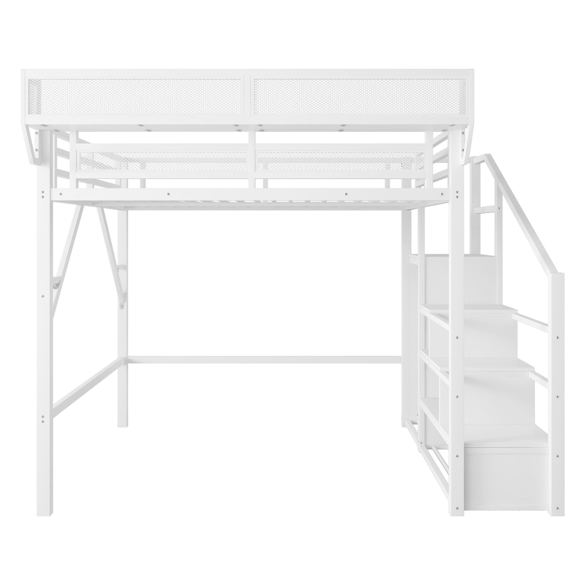 Fenra white loft bed showing an angled front view with storage stairs wardrobe and bedside shelf