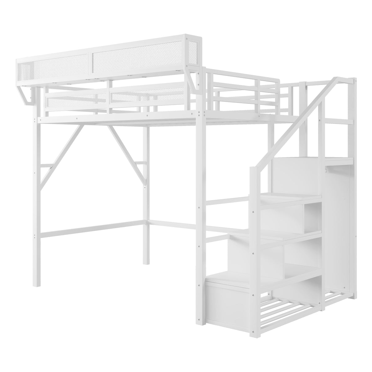 Fenra white loft bed showing a front view with loft frame wardrobe and stairs