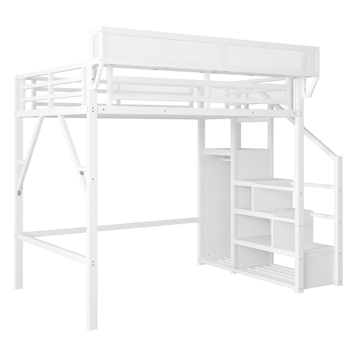Fenra white loft bed showing a right angled view with wardrobe shelves and underbed space