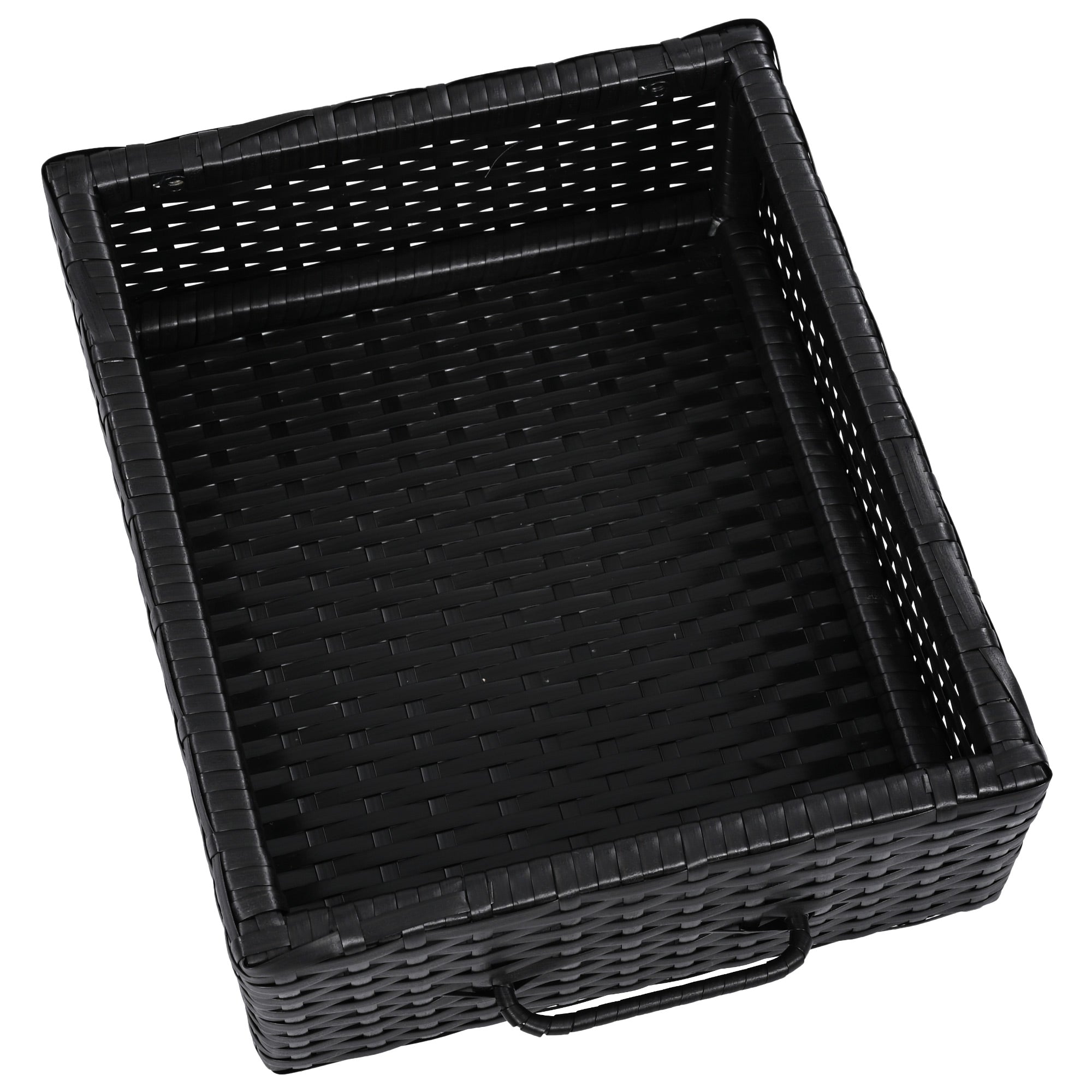 Ferrara black storage cabinet showing removable wicker storage drawer detail
