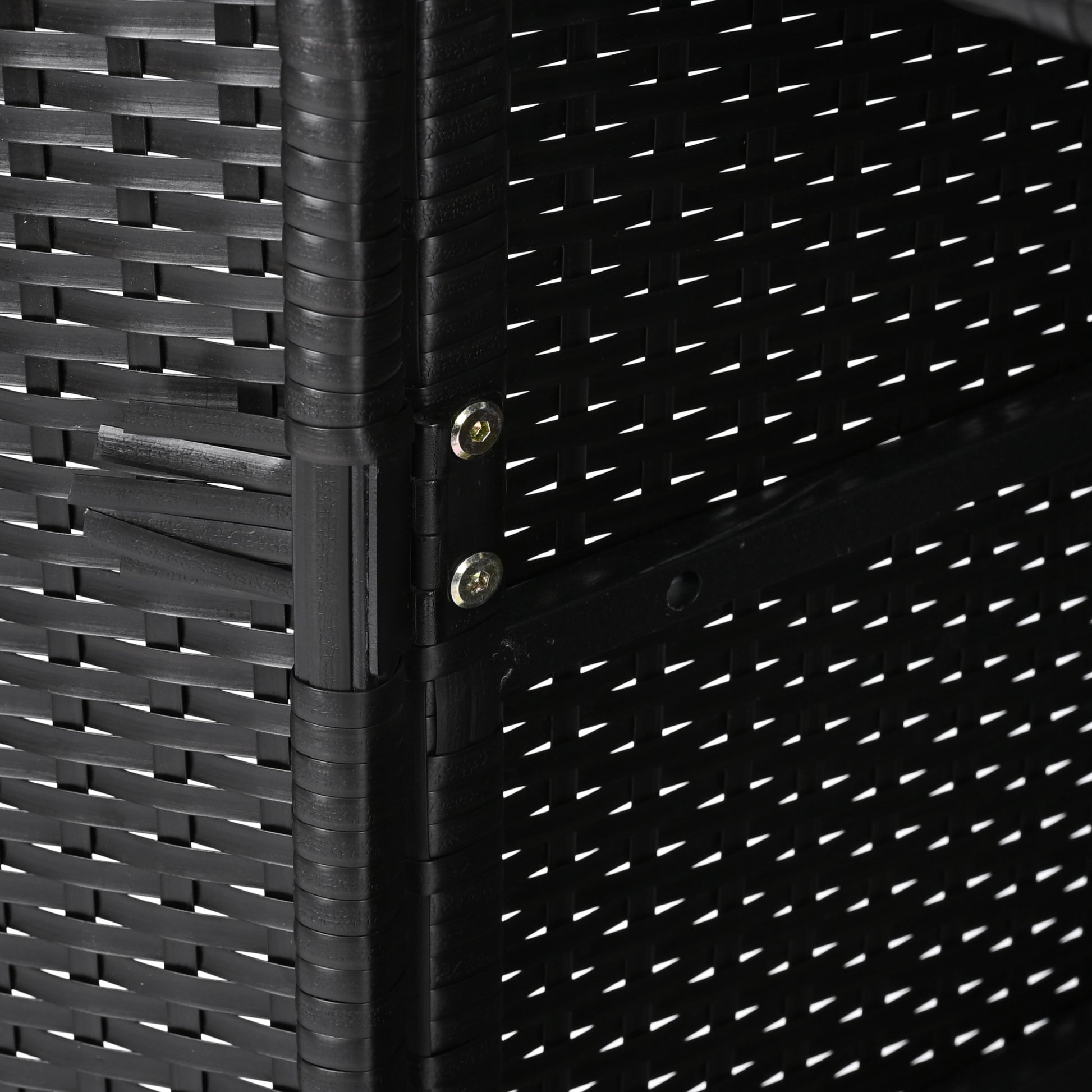 Ferrara black storage cabinet showing metal hinge and reinforced wicker frame detail