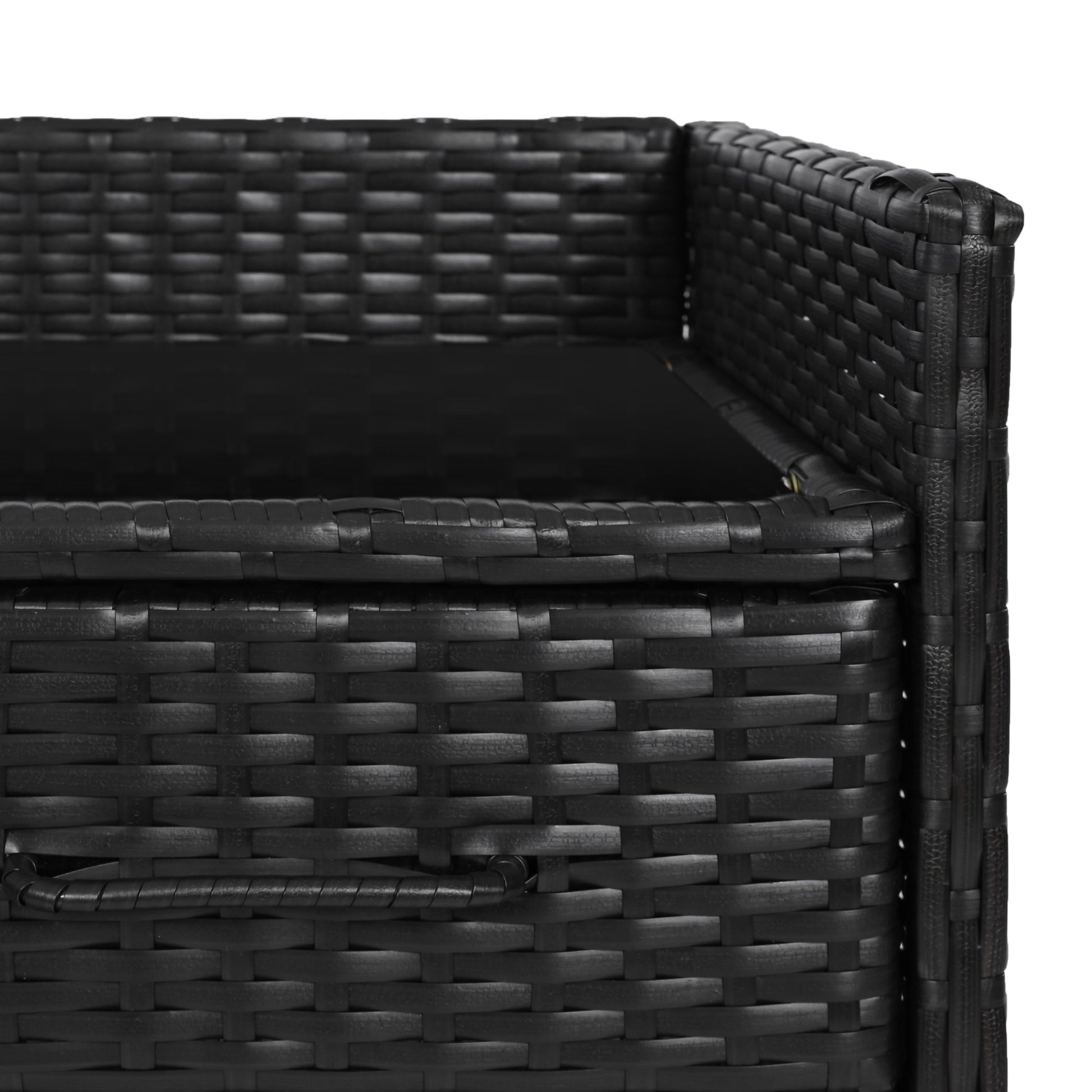 Ferrara black storage cabinet showing removable wicker drawer and woven texture detail