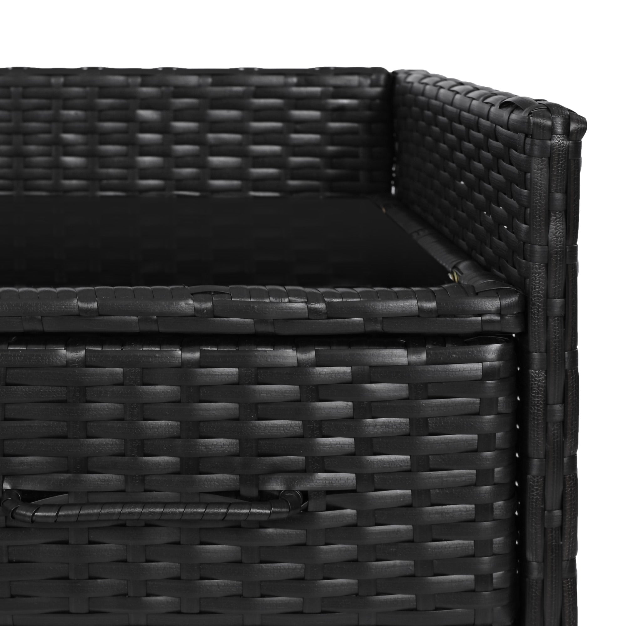 Ferrara black storage cabinet showing removable wicker drawer and woven texture detail