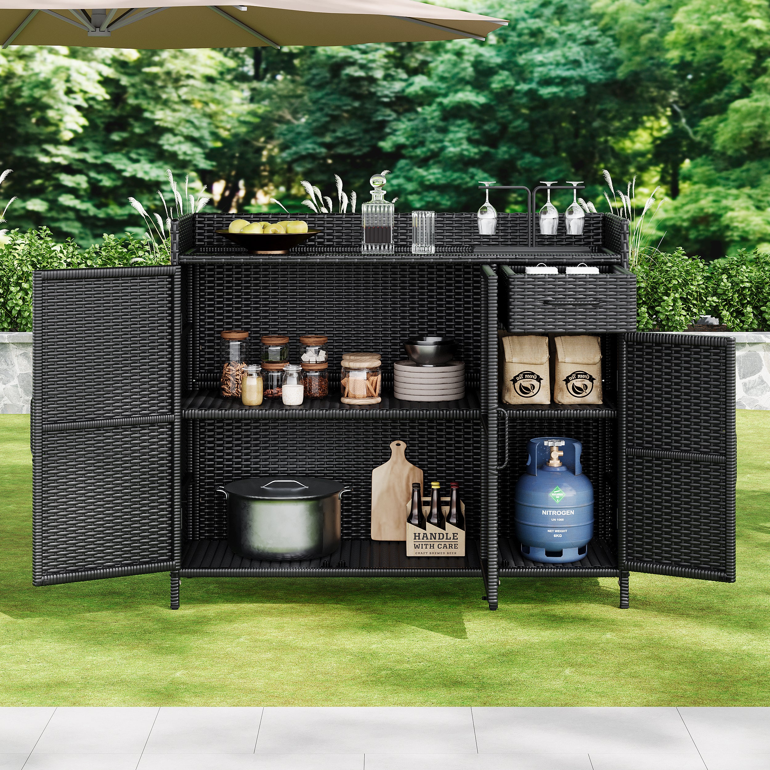 Ferrara black storage cabinet showing outdoor patio storage and bar setup