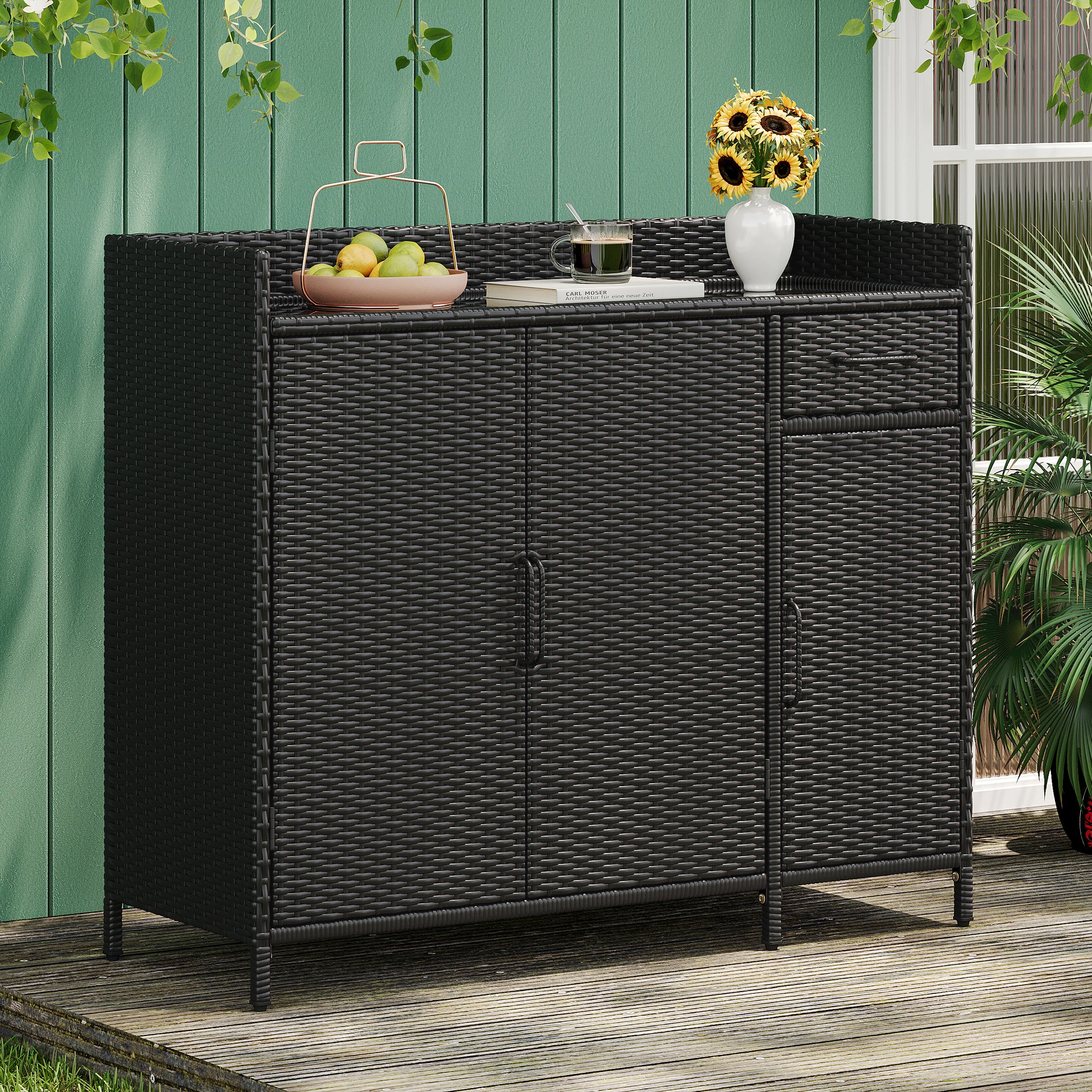 Ferrara black storage cabinet showing outdoor patio cabinet with glass top