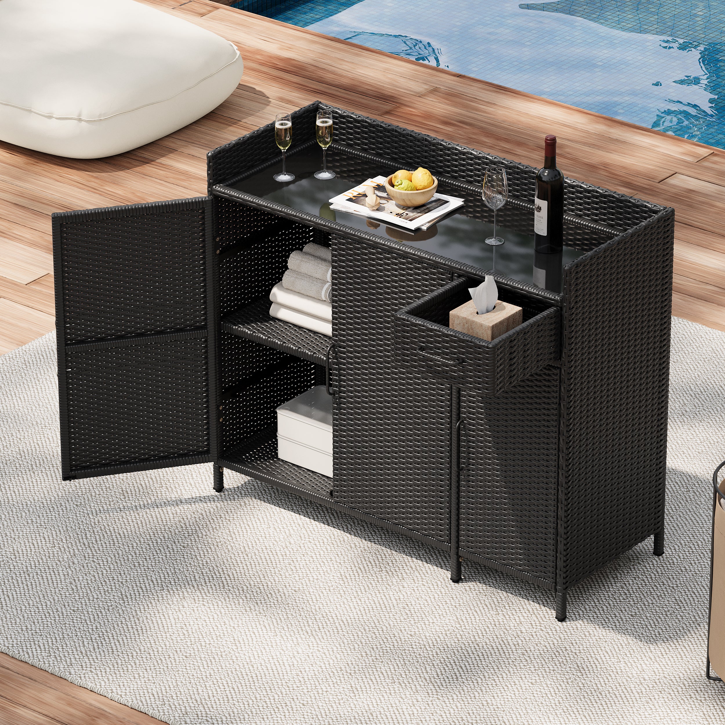 Ferrara black storage cabinet showing poolside outdoor serving and storage setup