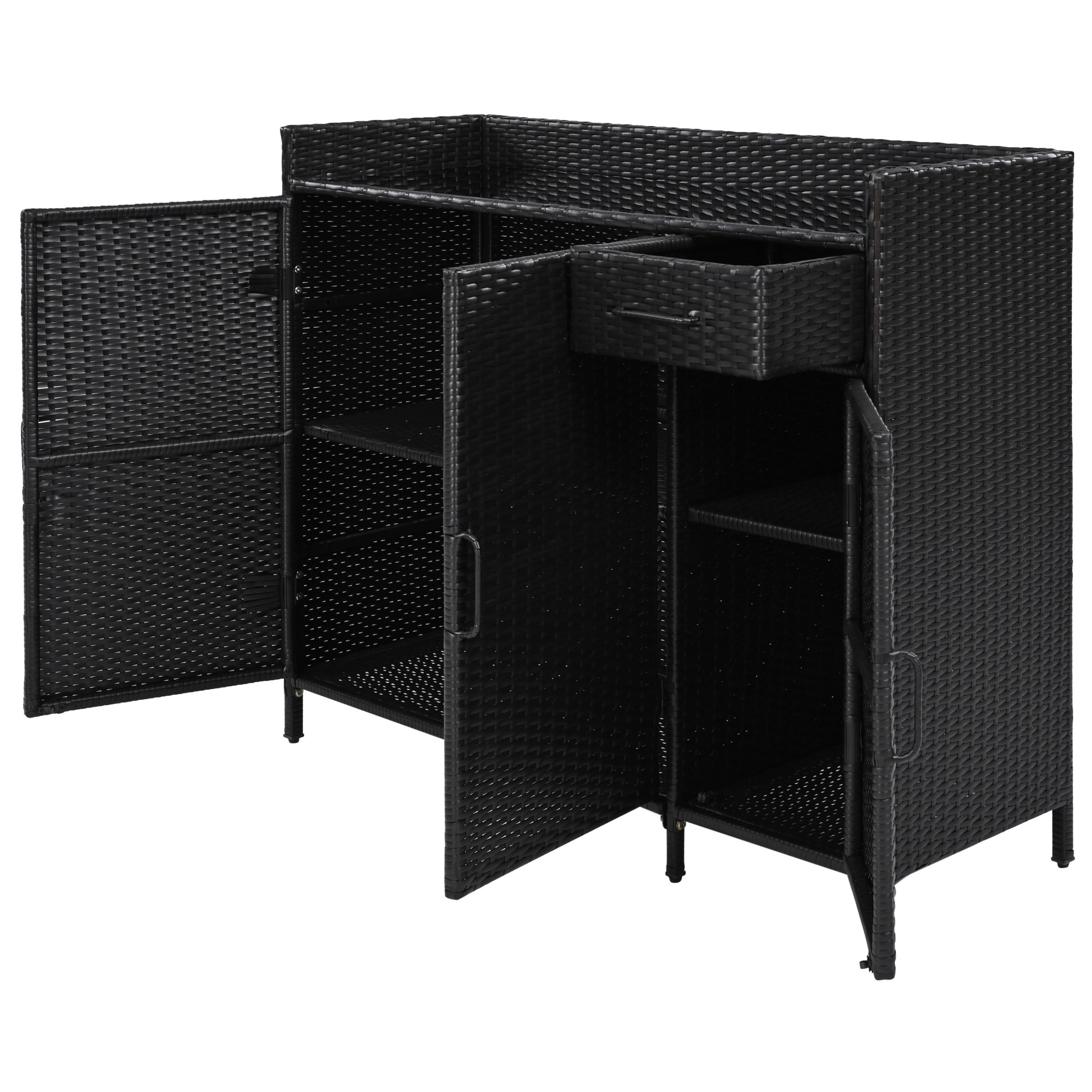 Ferrara black storage cabinet showing angled open storage compartments and drawer