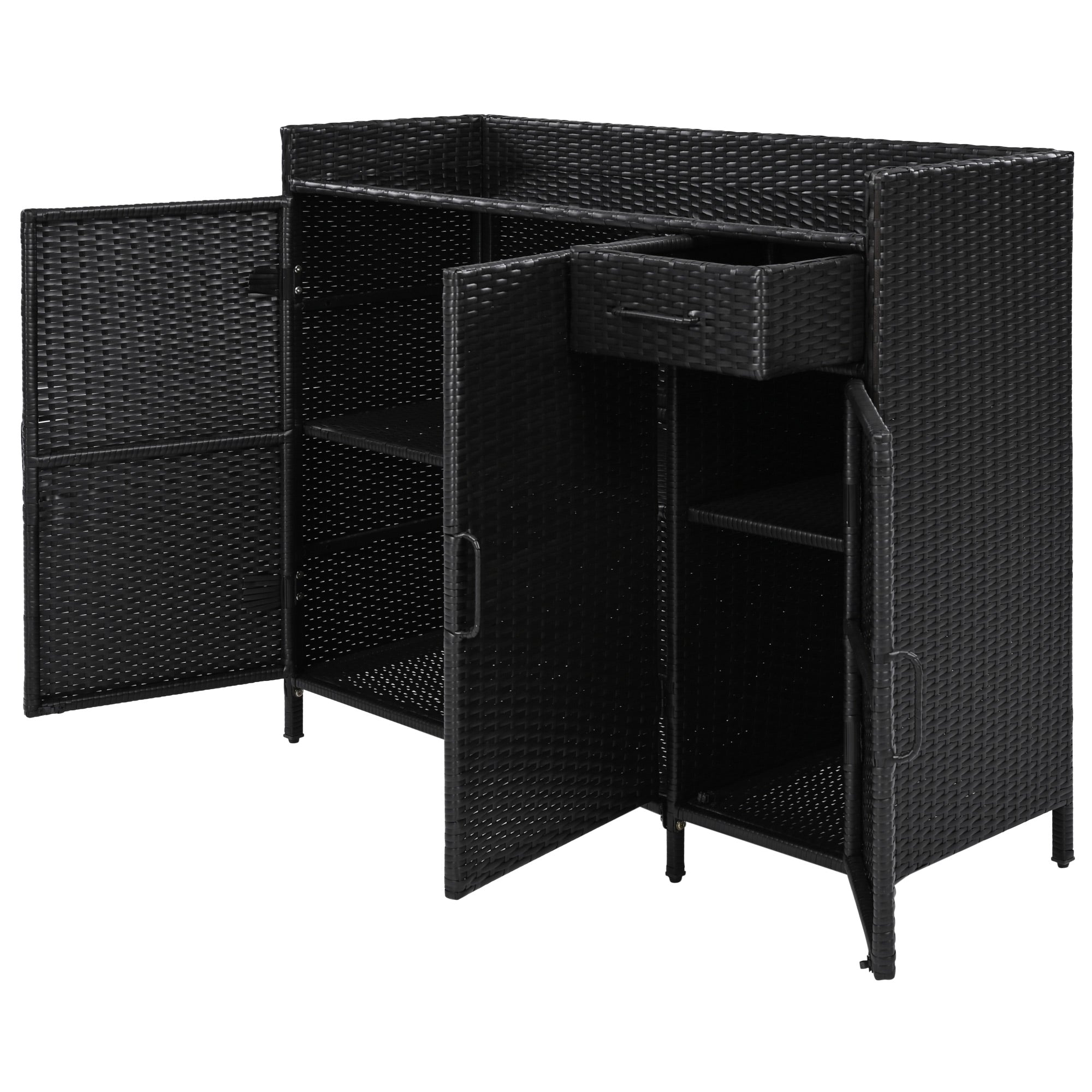Ferrara black storage cabinet showing angled open storage compartments and drawer