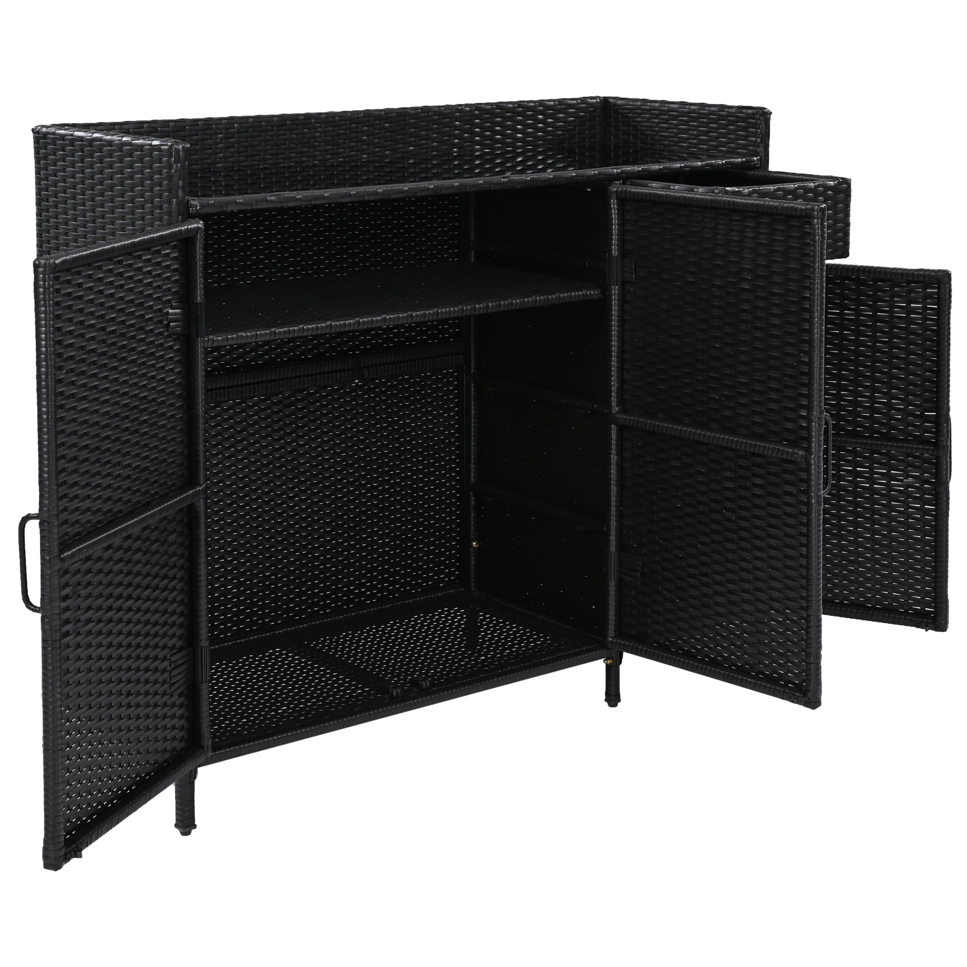 Ferrara black storage cabinet showing open shelves and concealed storage interior