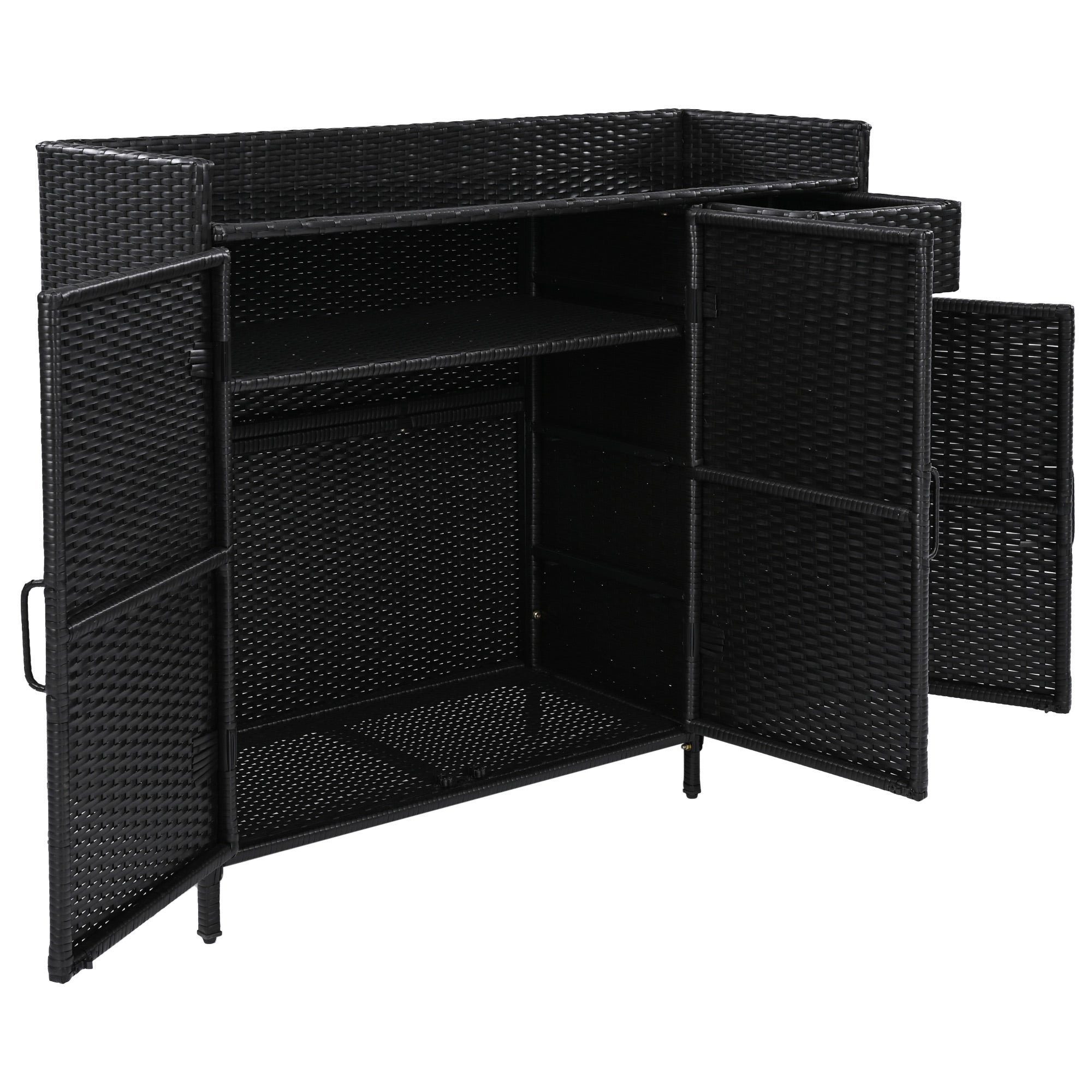 Ferrara black storage cabinet showing open shelves and concealed storage interior