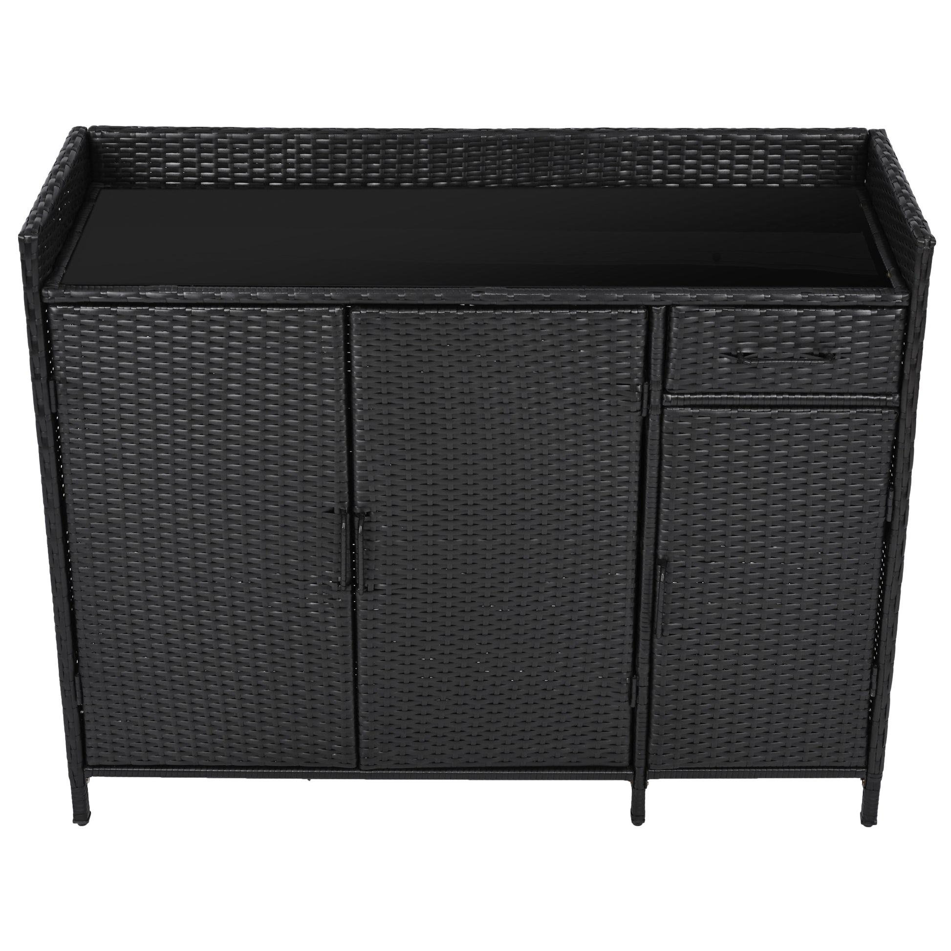 Ferrara black storage cabinet showing front view with tempered glass top and drawer