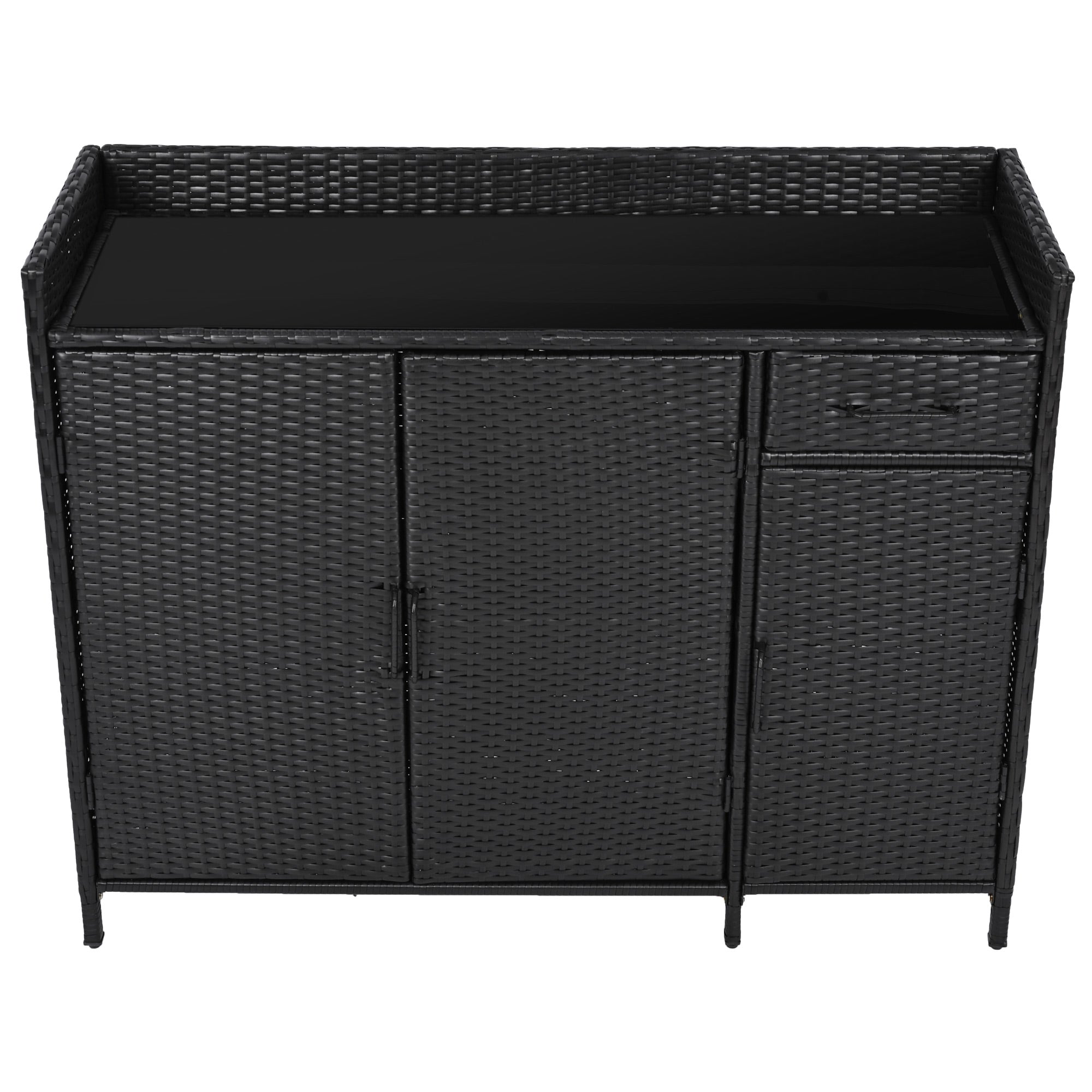 Ferrara black storage cabinet showing front view with tempered glass top and drawer