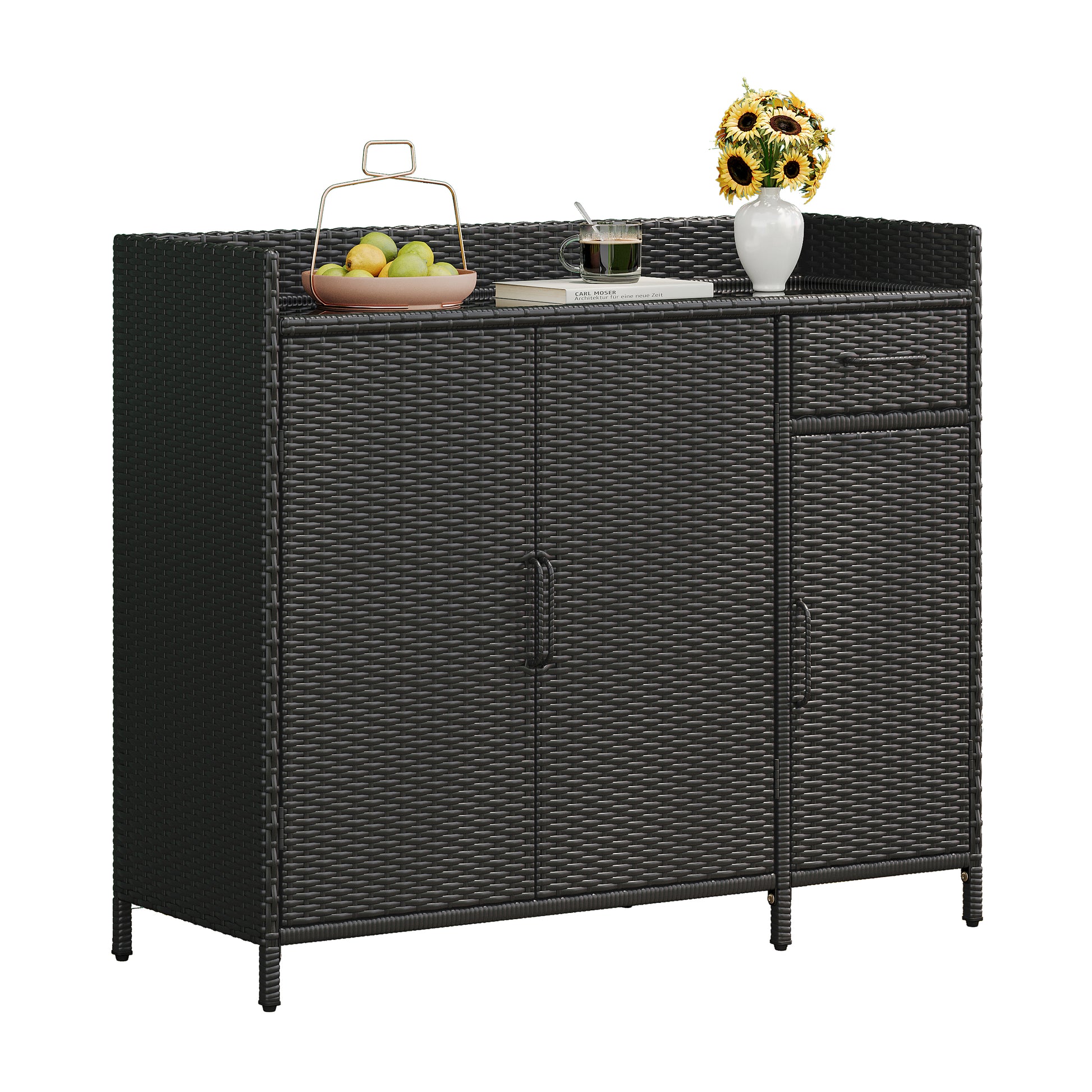 Ferrara black storage cabinet showing angled front view with wicker texture and storage drawer