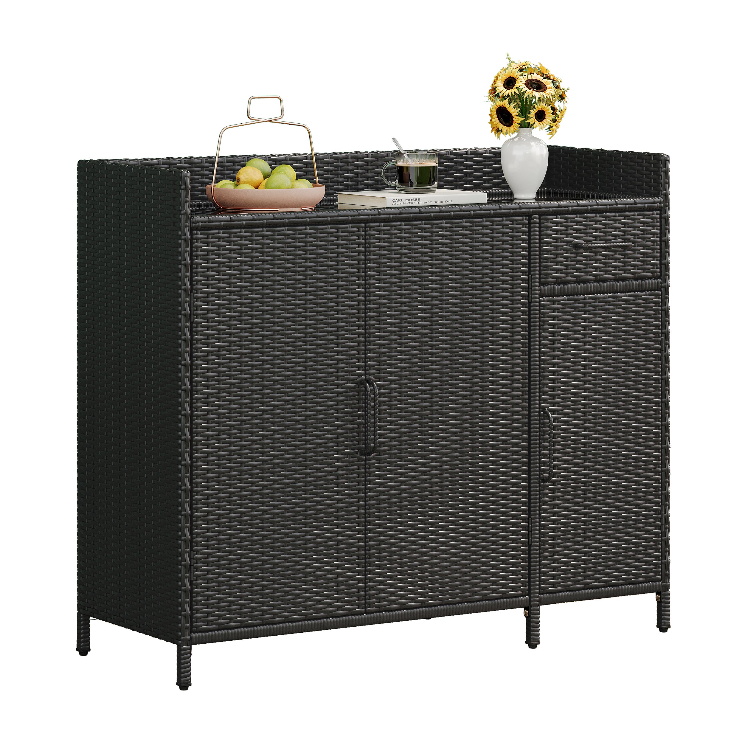 Ferrara black storage cabinet showing angled front view with wicker texture and storage drawer
