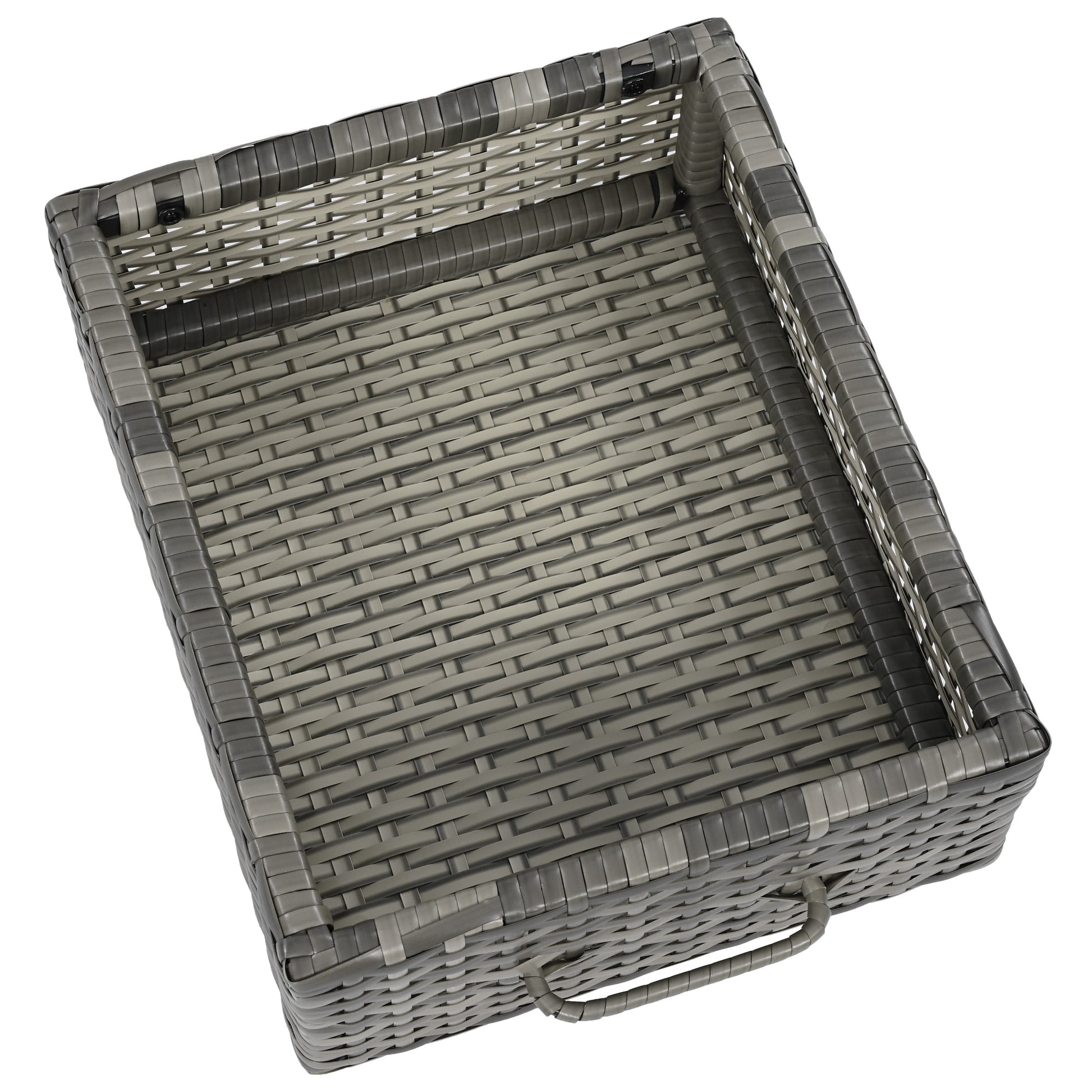 Ferrara gray storage cabinet showing removable wicker storage drawer detail