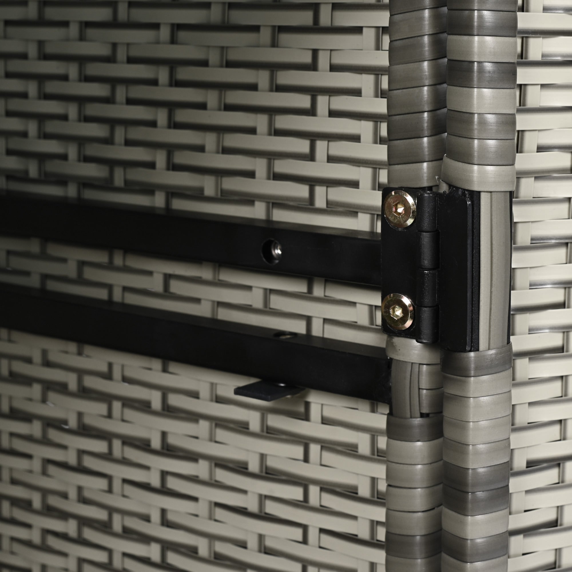Ferrara gray storage cabinet showing metal hinge and reinforced wicker frame detail