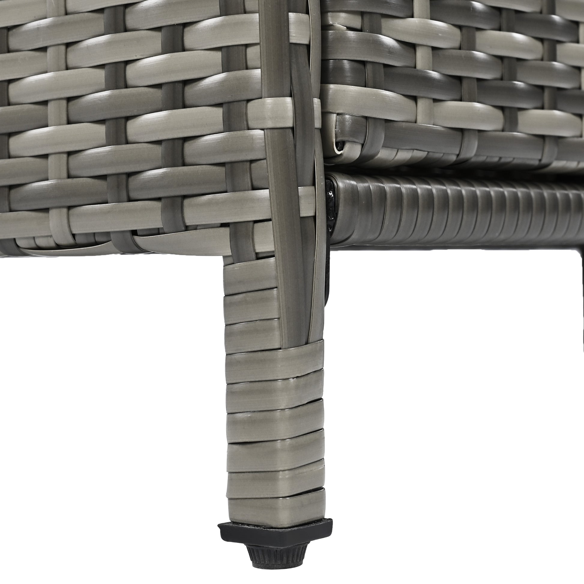 Ferrara gray storage cabinet showing wicker wrapped leg and adjustable foot detail
