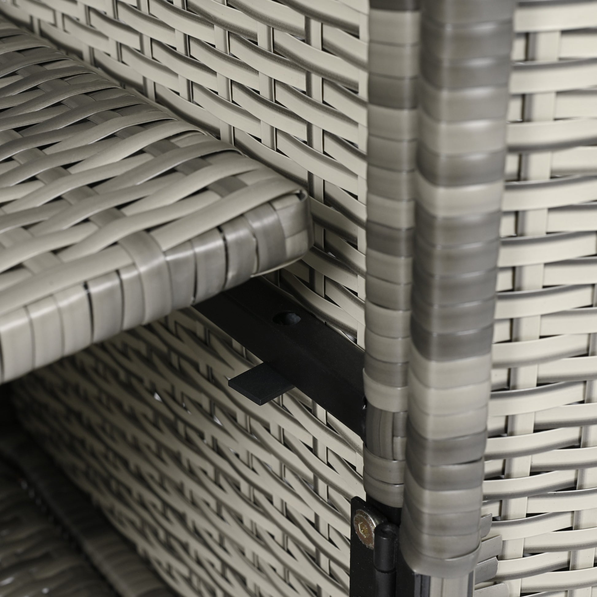 Ferrara gray storage cabinet showing adjustable shelf support and wicker interior detail