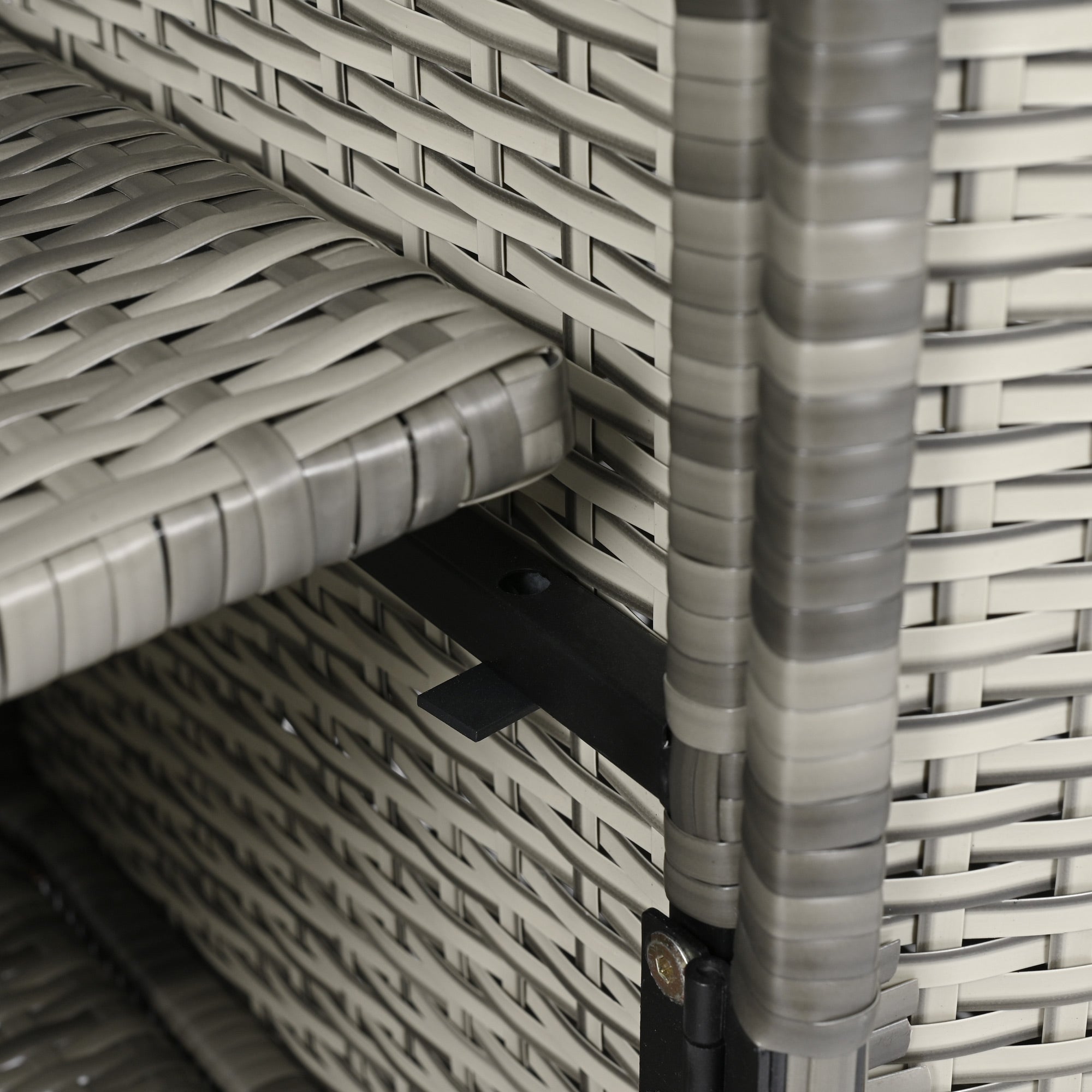 Ferrara gray storage cabinet showing adjustable shelf support and wicker interior detail