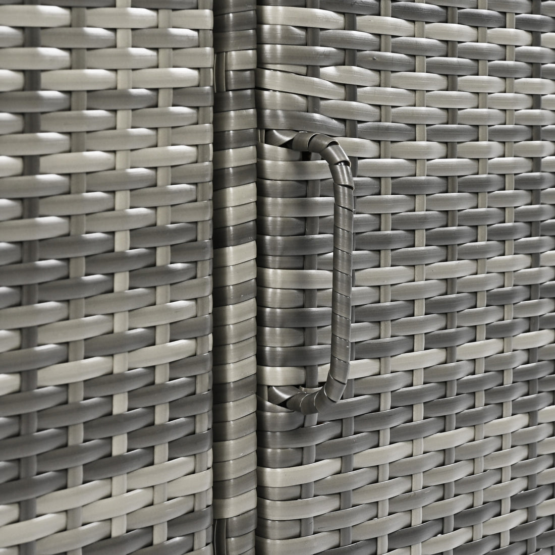 Ferrara gray storage cabinet showing integrated wicker door handle and woven texture detail